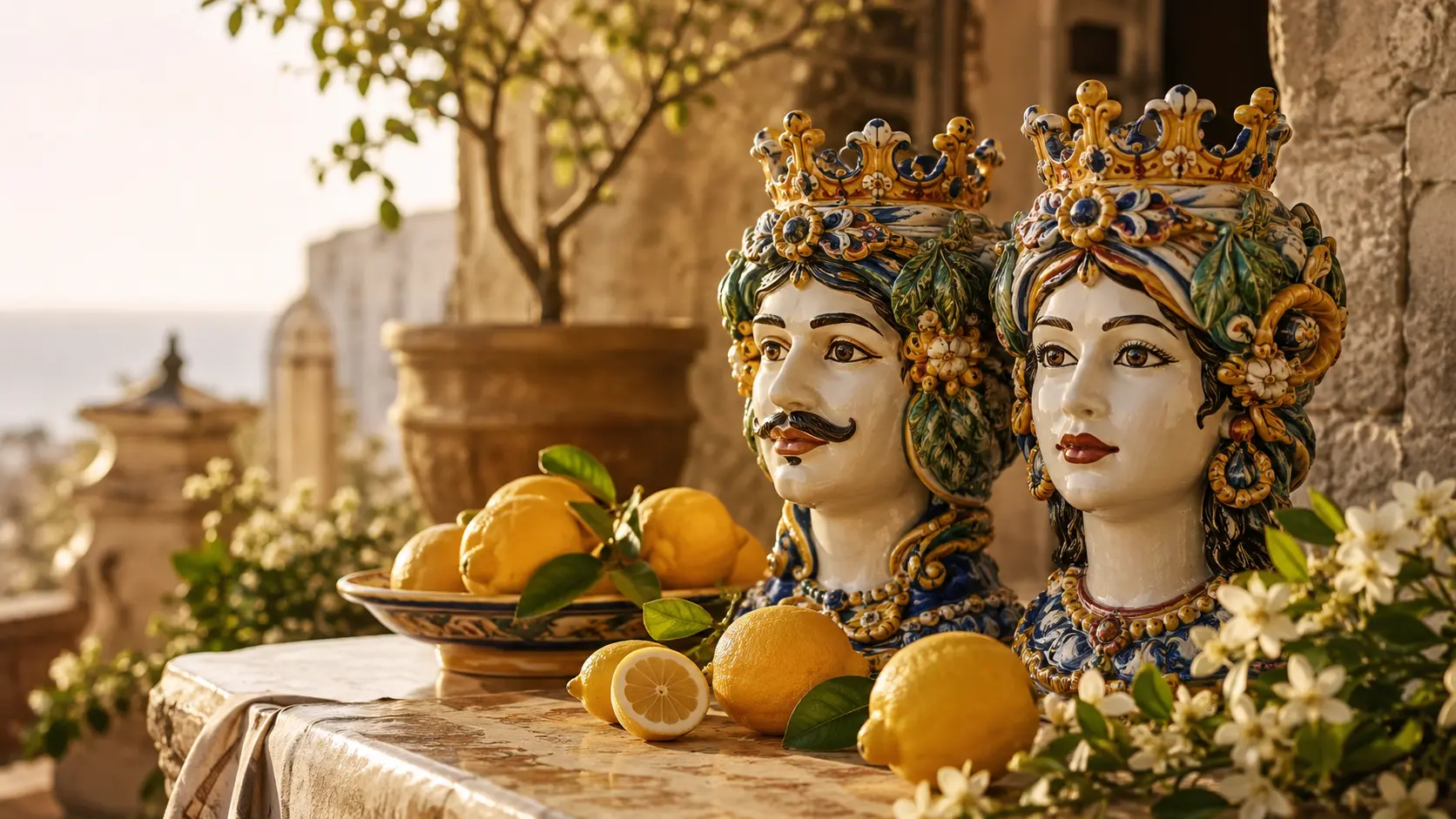 Sicilian ceramic heads with lemons and orange blossoms